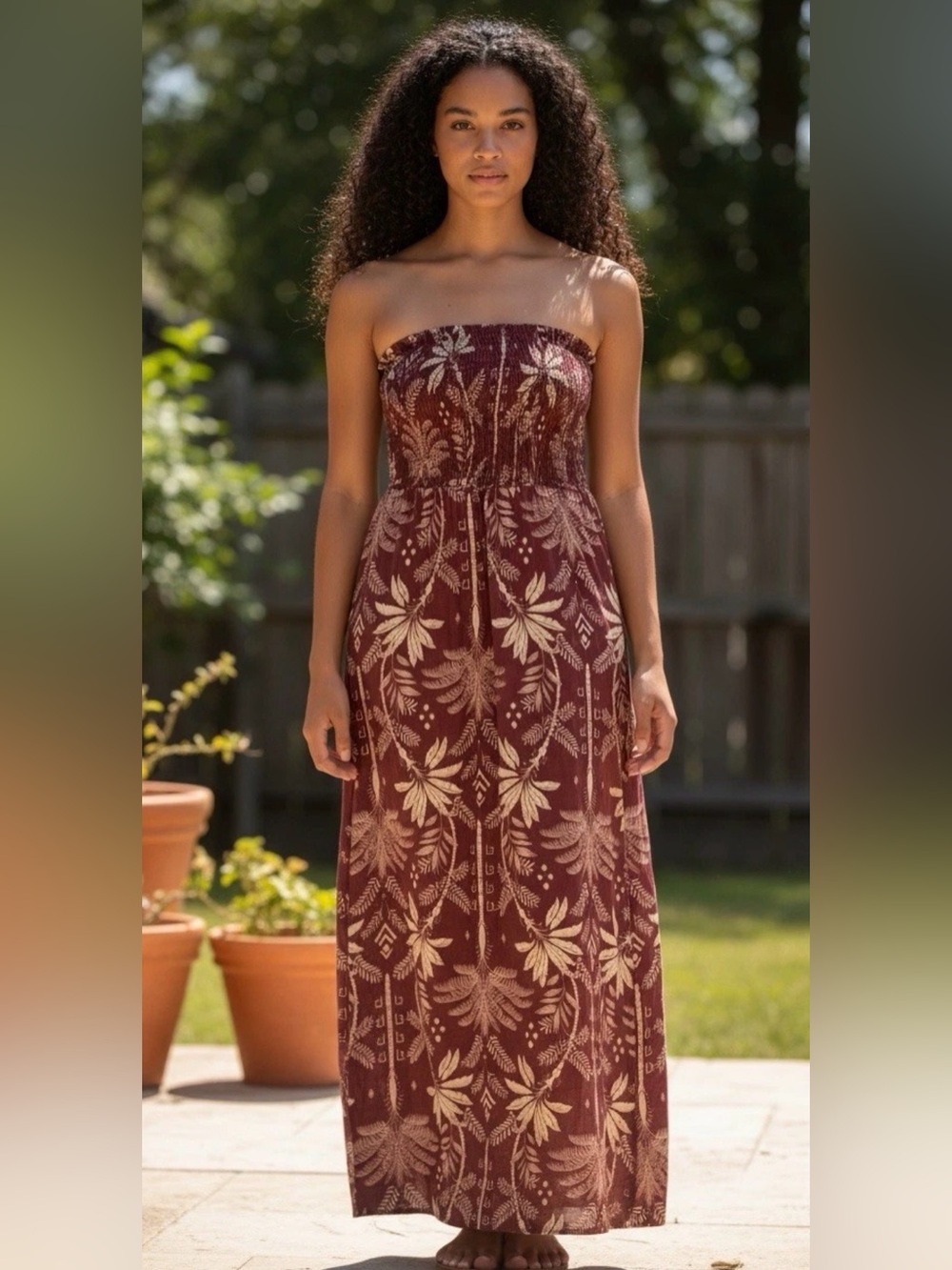 Monteau Strapless Maroon Maxi Dress with Cream Floral Print size medium